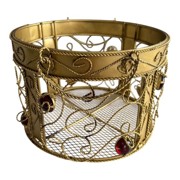 1990s Gold Wire Metal Candle Holder with Red Gem Accents – Round Scroll Design – - Picture 2 of 7